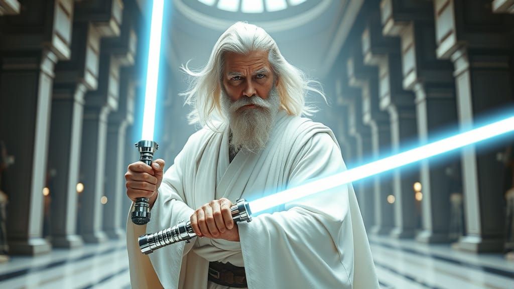 Jedi Master in White Robes with White Lightsaber