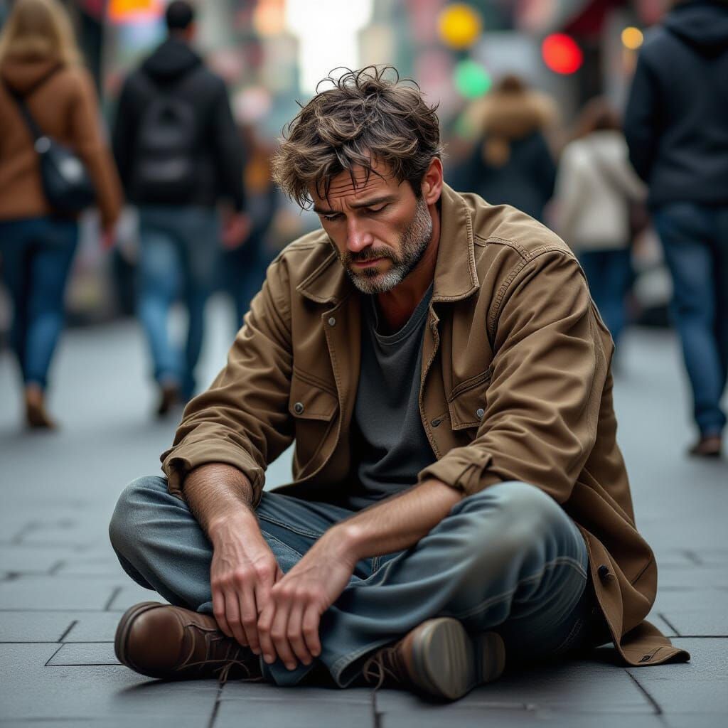 Sorrowful Man on Pavement in Hyperrealistic Style
