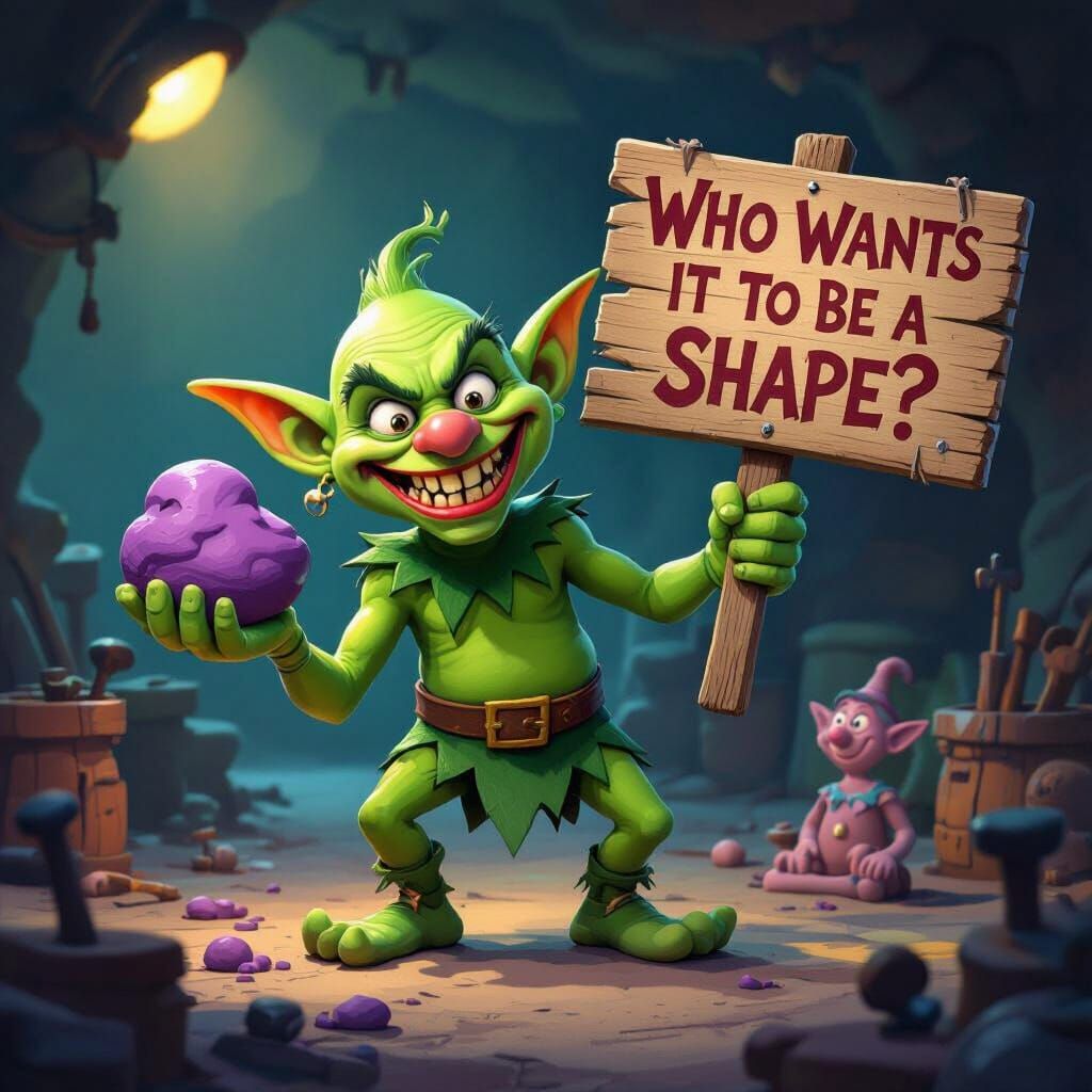 Green Goblin Offers Magical Purple Clay in Cartoon Style