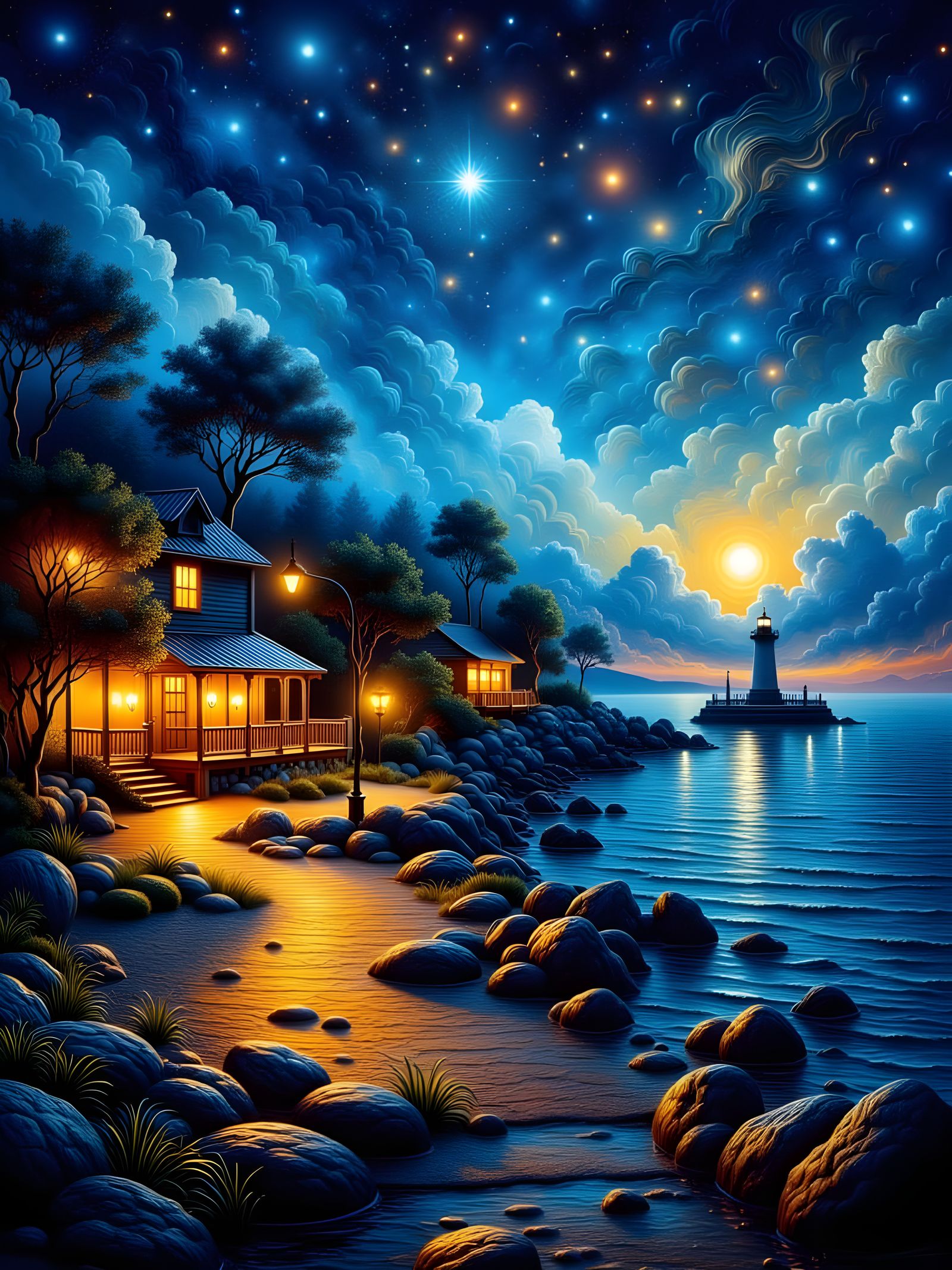 Seaside Village at Night with Lighthouse