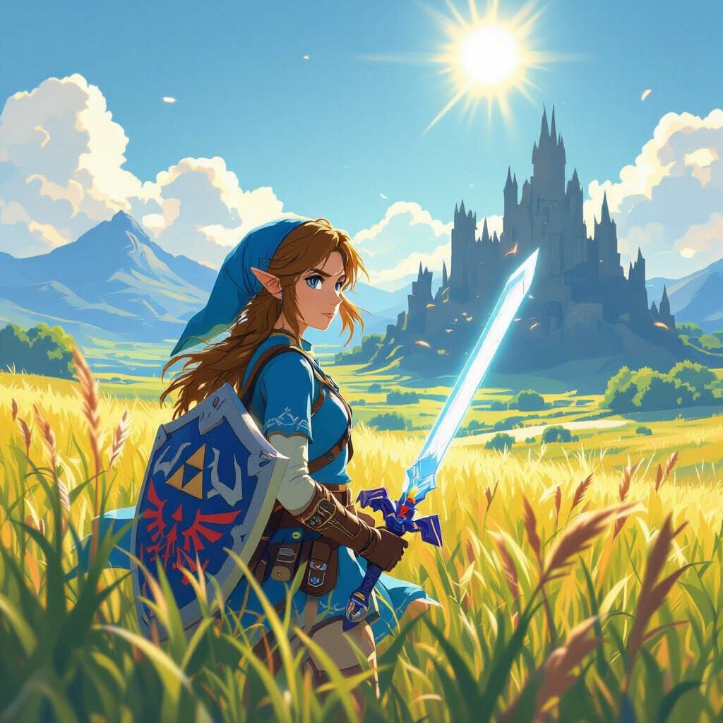 Heroine with Glowing Sword in Zelda Inspired Landscape