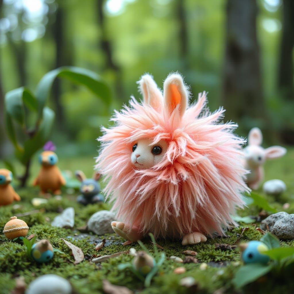 Pastel Pom Pom Creature in Whimsical Forest