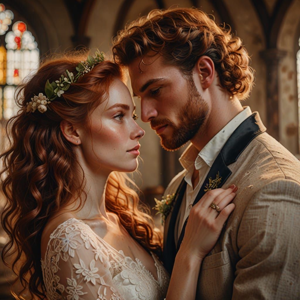 Groom in Brown Curly Hair and Bride in Red Hair Tie the Knot...