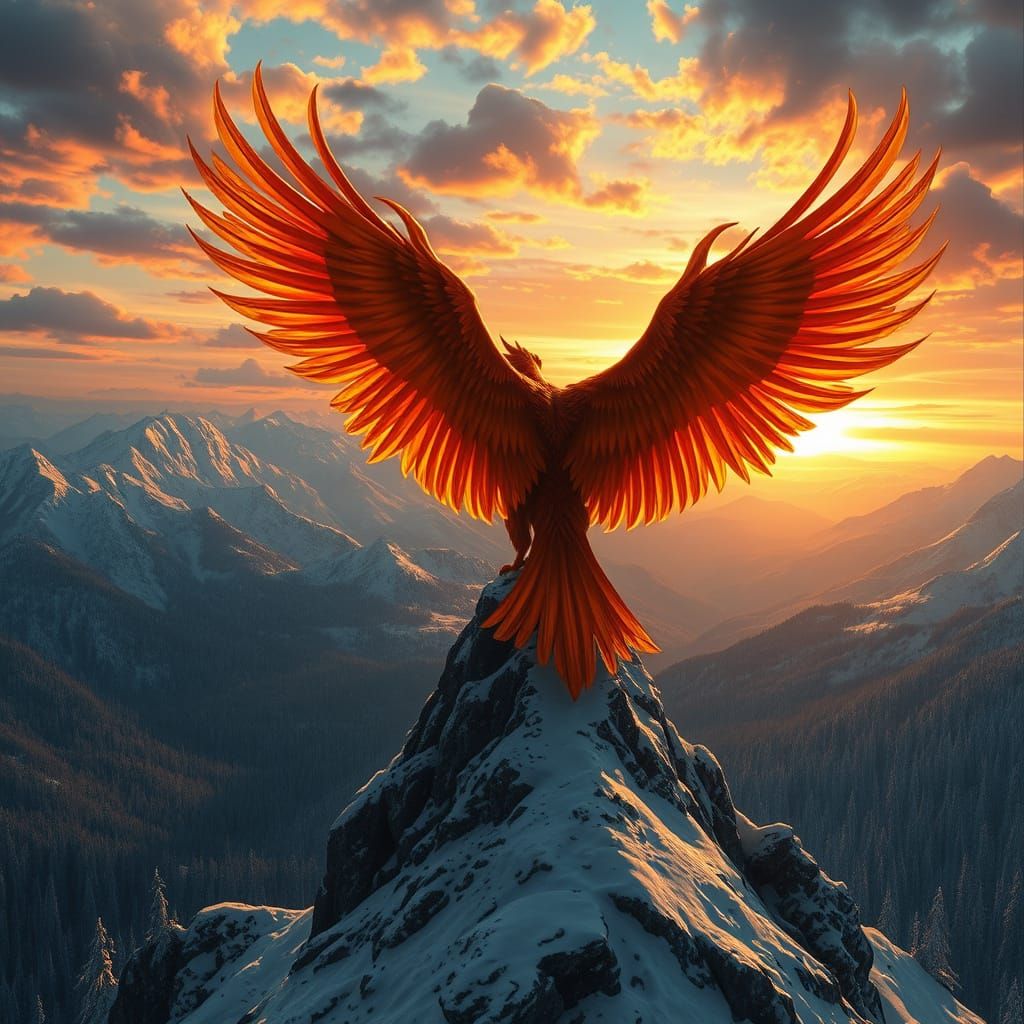 Phoenix on Windswept Mountain Peak in Vibrant Sunset Landsca...