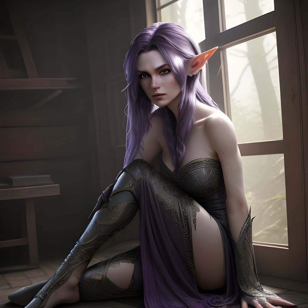 Tired Elf Girl in Cabin, Digital Art Portrait