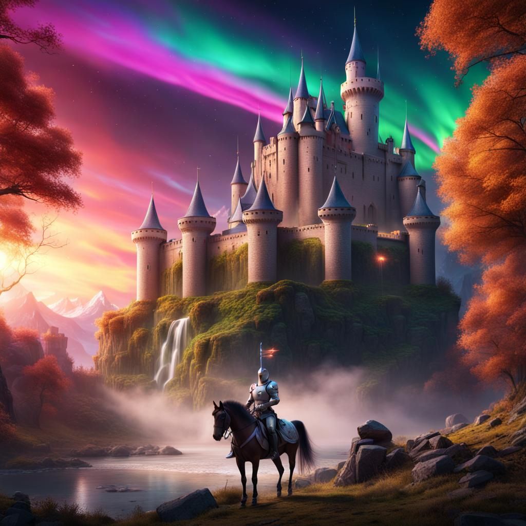 Fantasy Castle Landscape with Aurora and Knight
