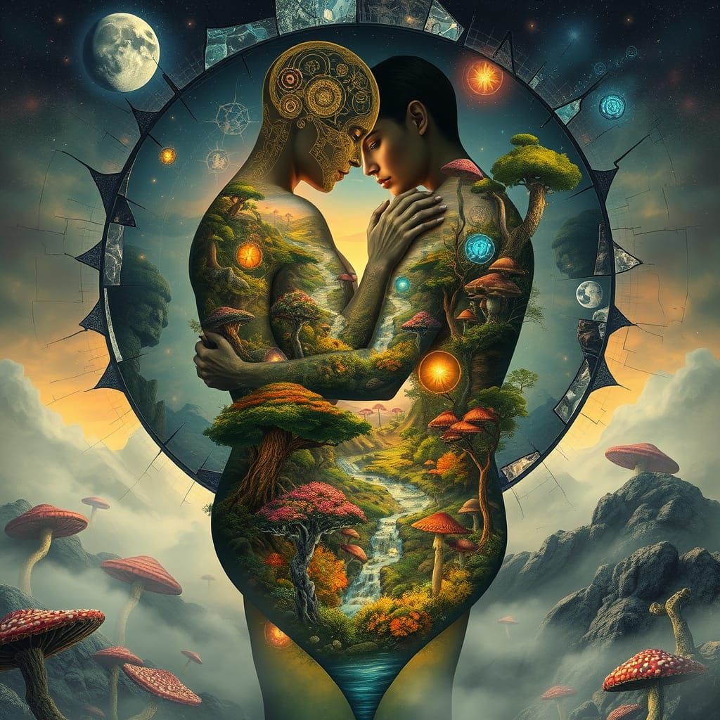 Intertwined Figures Reveal Dreamlike Mindscape Concept Art