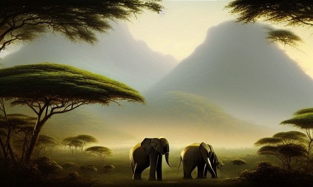 Elephants in Jungle Landscape, Digital Painting