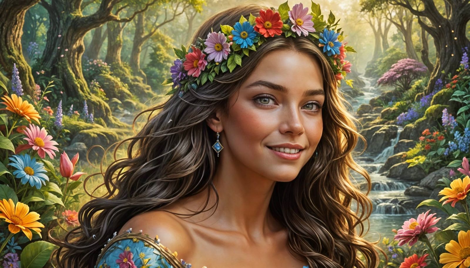 Ethereal Fantasy Landscape with Blooming Flowers in Sunlit M...