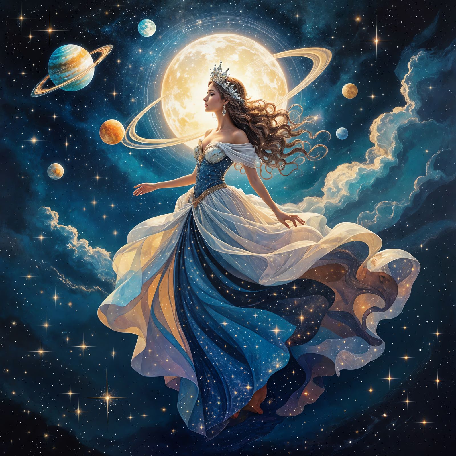 Cosmic Queen Crowned with Moonlight and Planets