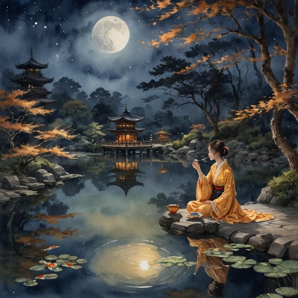 Woman Drinking Tea at Pagoda in Watercolor Style