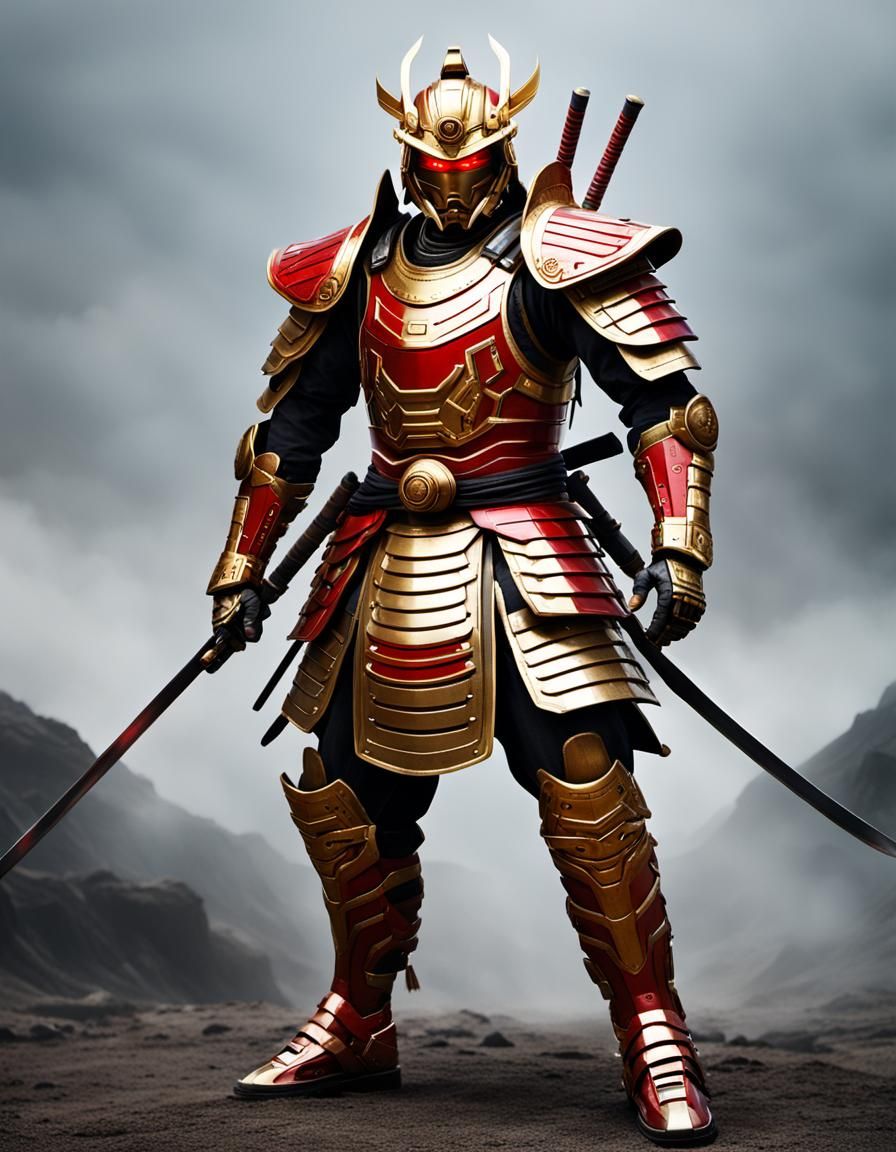 Futuristic Samurai in Red and Gold Armor