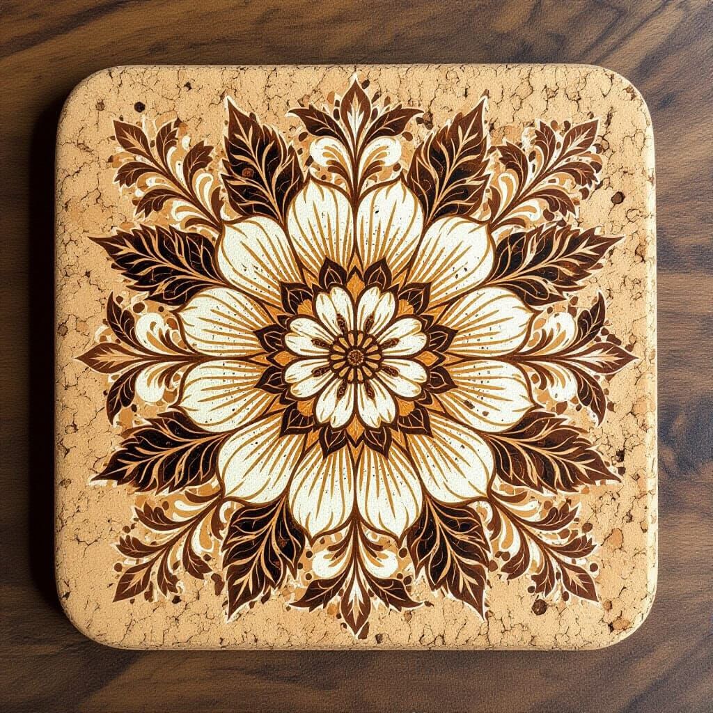 Detailed Flower Pyrography on Natural Cork Trivet