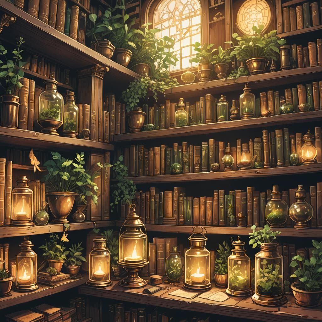 Magical Library Shelf with Vials and Witch Books