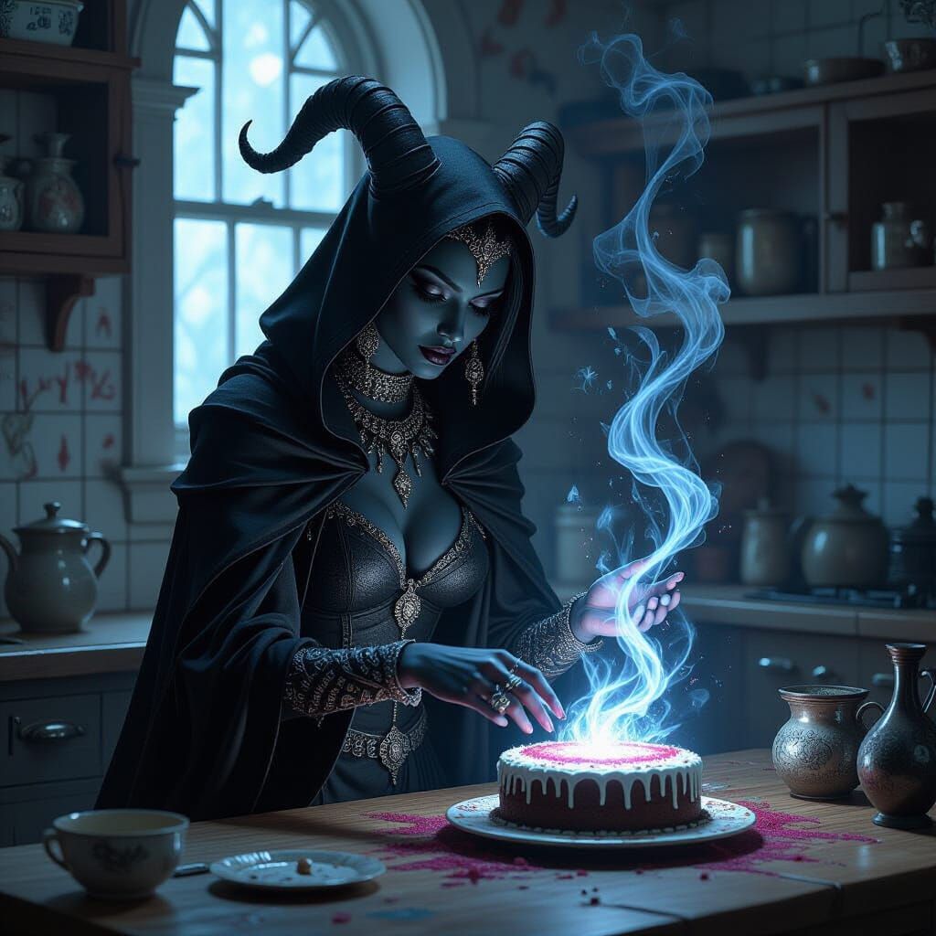 Tiefling Sorceress Conjures Arcane Energy Baking Cake