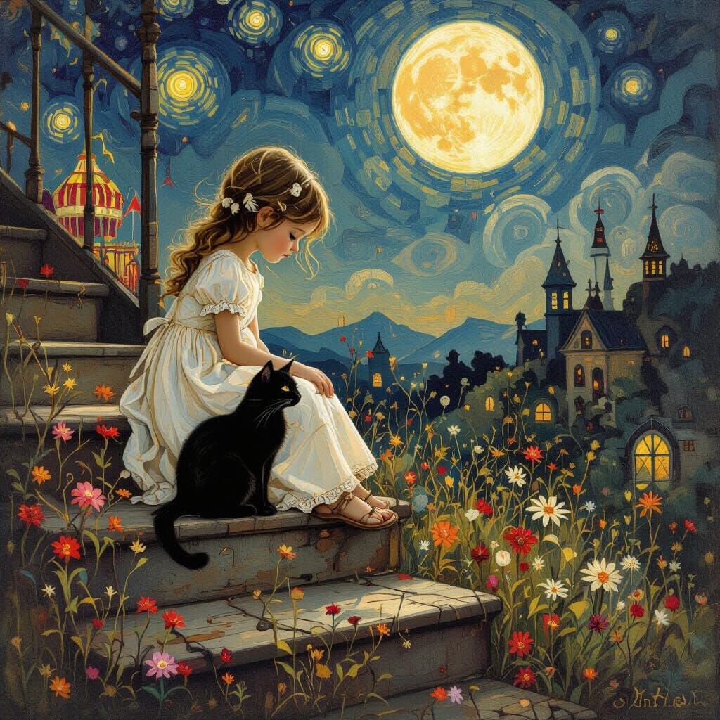 Moonlit Carnival Scene with Girl and Black Cat