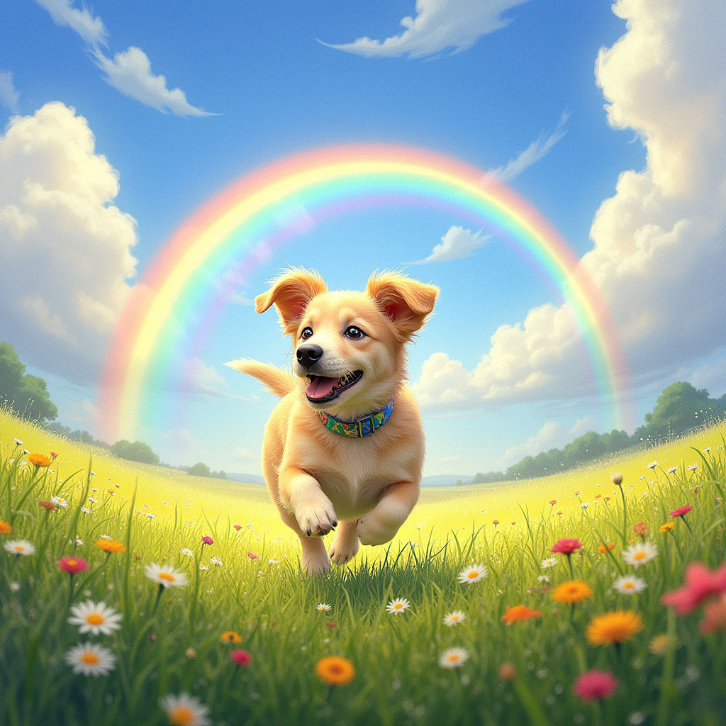 Joyful Dog Runs in Rainbow Field, Matte Painting