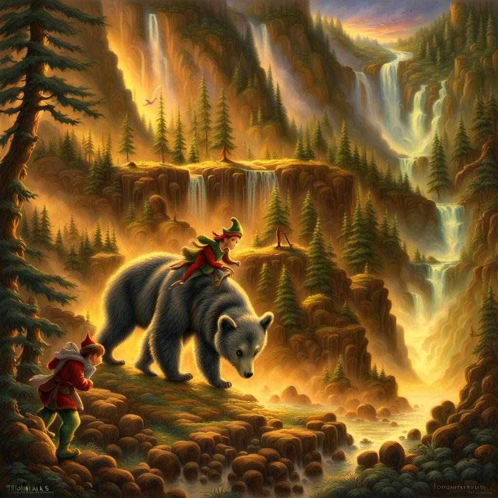Ethereal Elf Rides Bear Past Waterfall, Kinkade Style