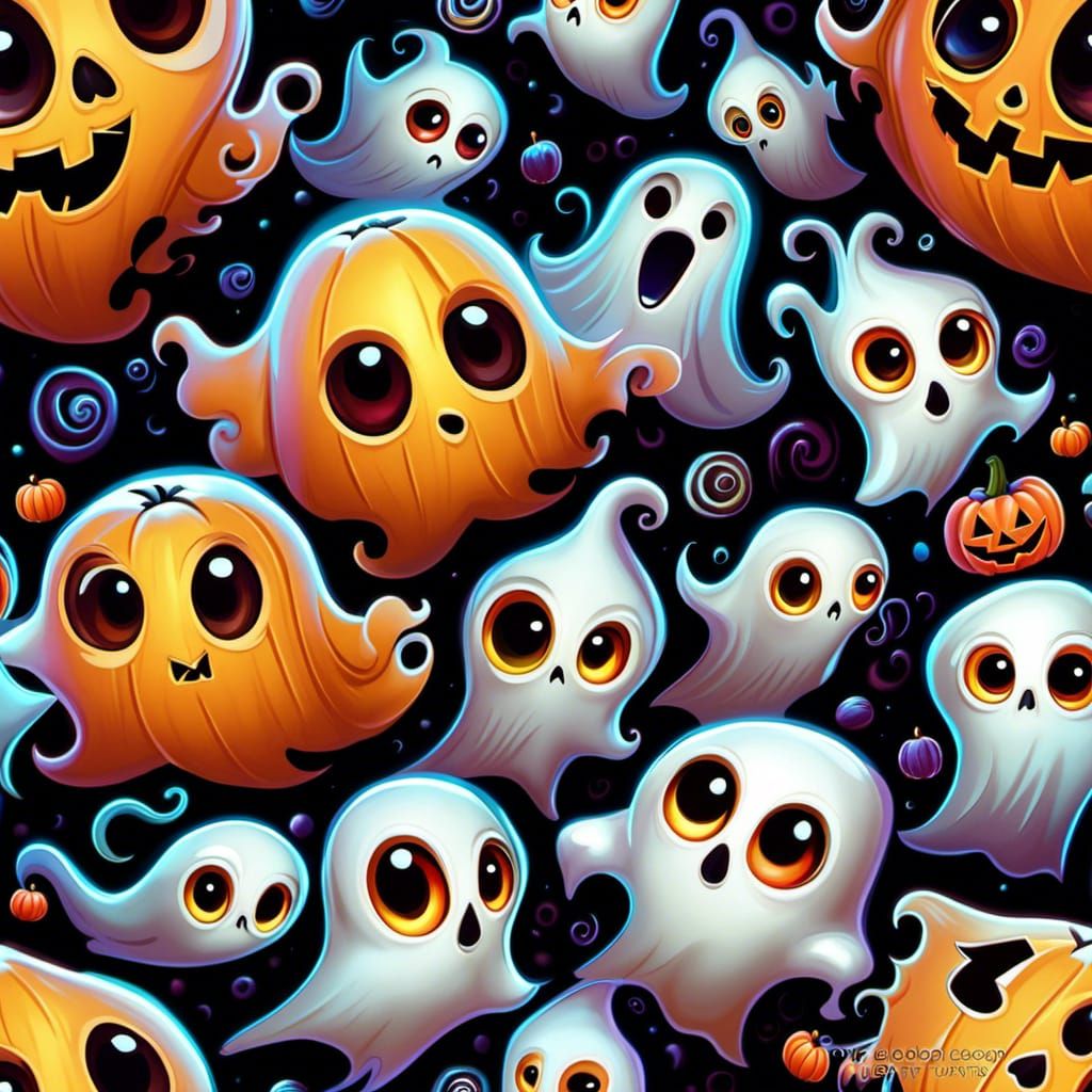 Cute Happy Ghosts on Halloween in Fantasy Style