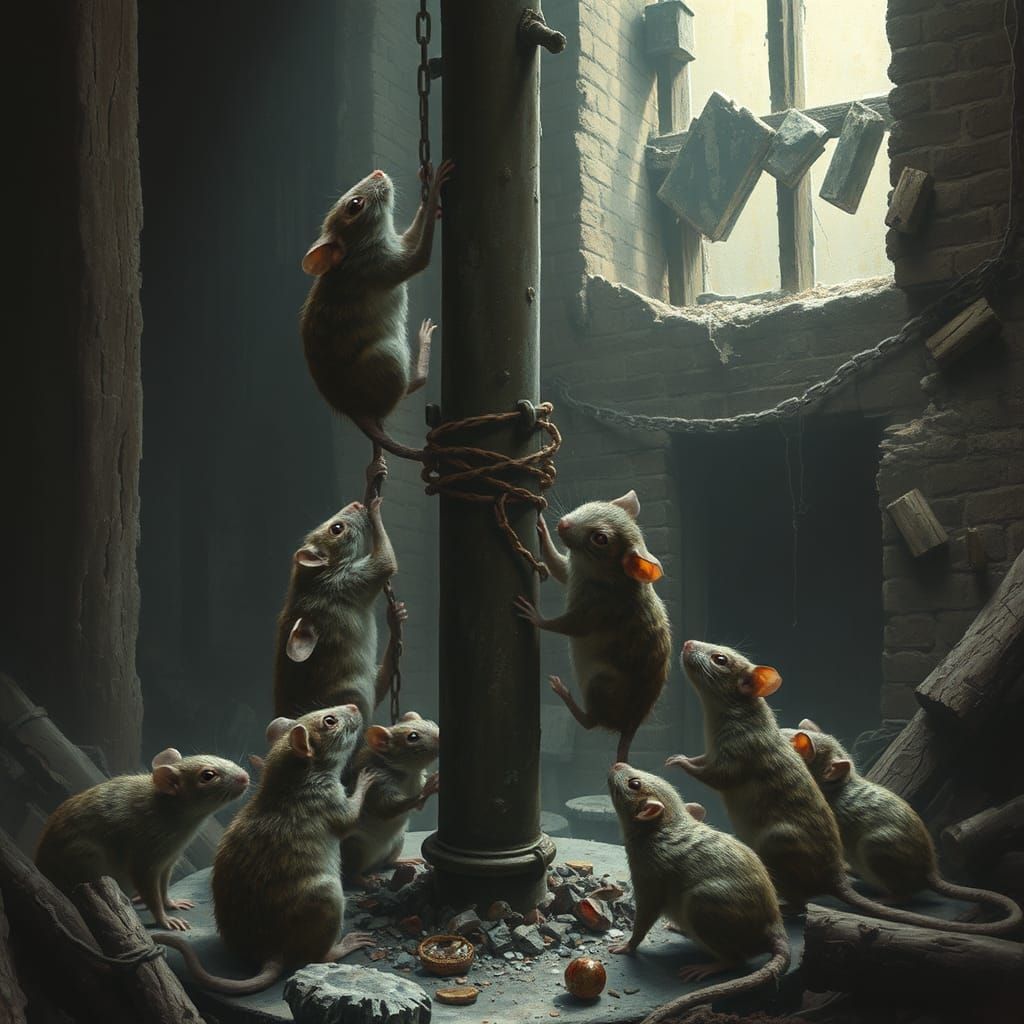 Rats' Desperate Struggle in Ruined Landscape