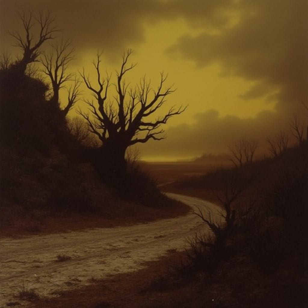 Eerie Amber Dusk Landscape with Dead Trees