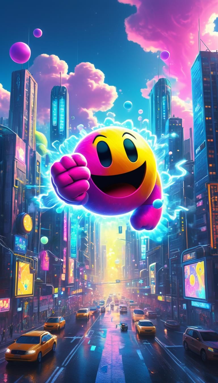 Pac-Man Cybernetic Chakra in Cyberwave Cityscape