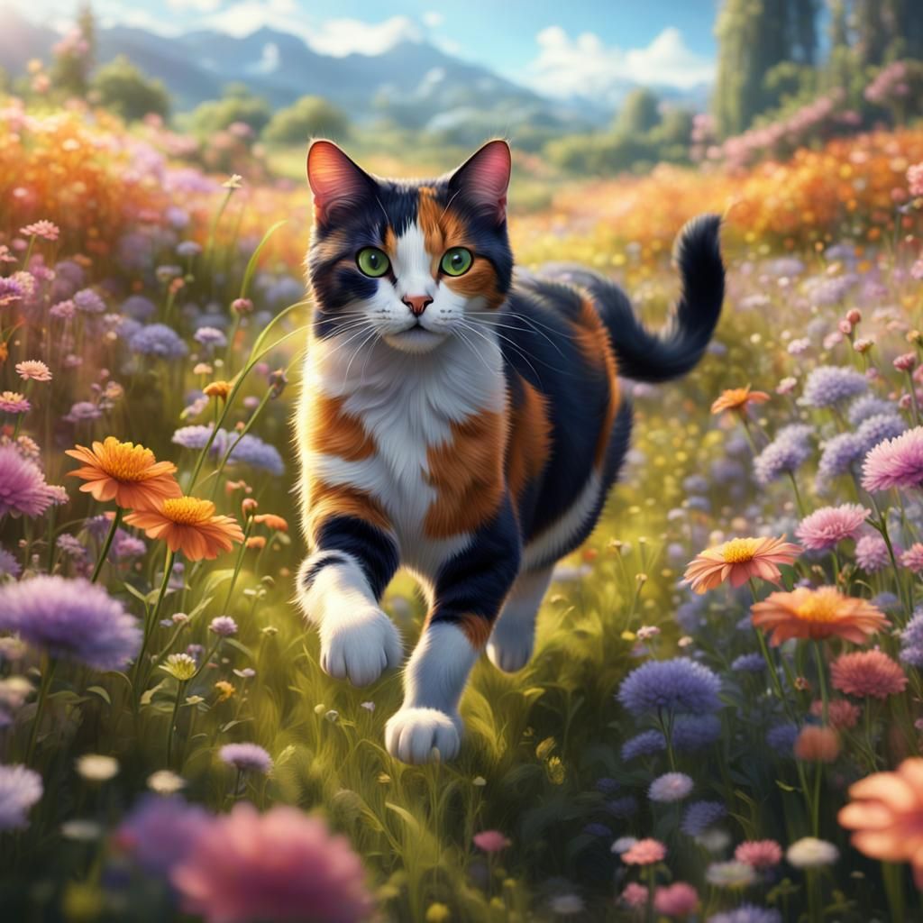 Calico Cat in Summer Flower Field: Detailed Matte Painting