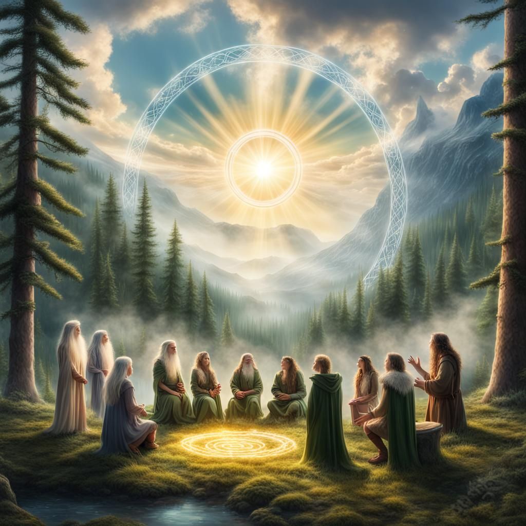 Fantasy Druid Meeting in Conifer Forest