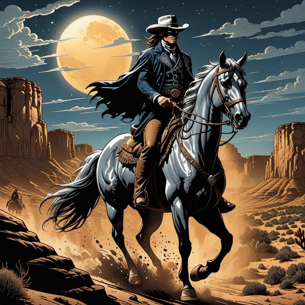 The Lone ranger, riding his horse silver, both striking a dramatic pose against a large desert full moon