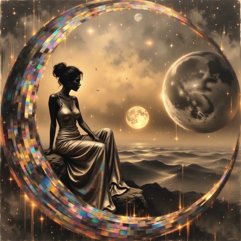 Holographic Moon with Glitch Effects in Vintage Print Style