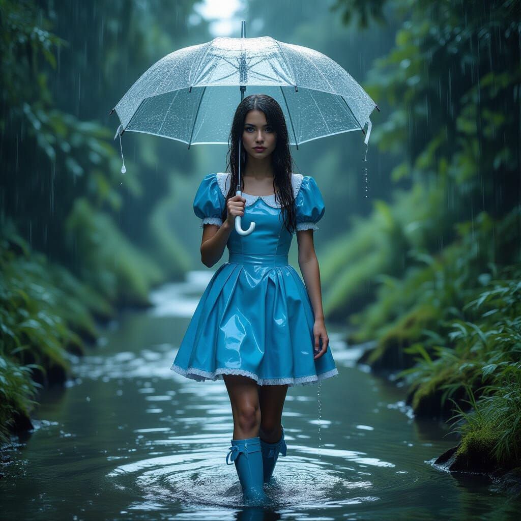 Girl in Blue Latex Dress by Stream