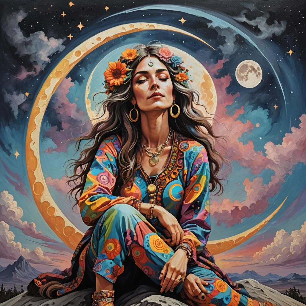 Surreal Absurdist HD Print Modern Oil Painting, hippie woman wearing psychedelic clothes, sitting on a crescent face sha...