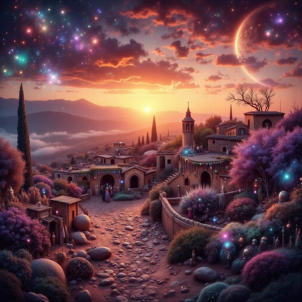 Mystical Moroccan Sunset in Vibrant Watercolors