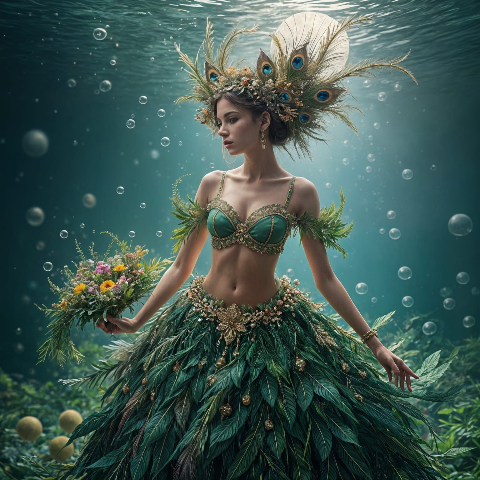Regal Nature Goddess in Vibrant Fantasy Attire