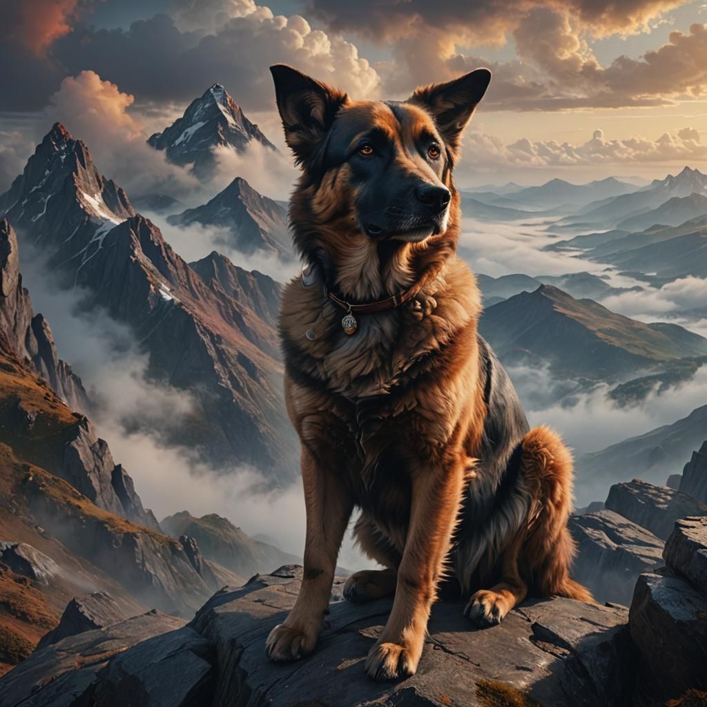 Regal Huntaway Dog Portrait on Mountain Peak