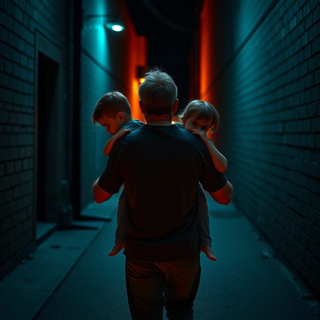 Father and Children in Vividly Contrasted Alley