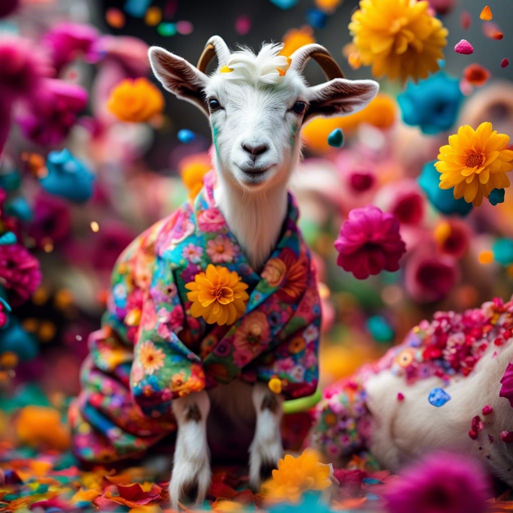 Colorful Baby Goats in a Floral Blizzard