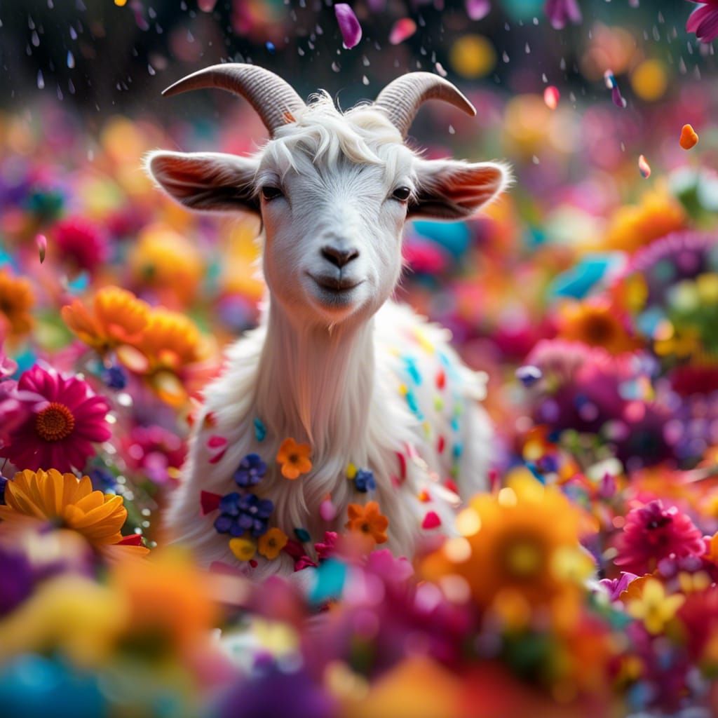 Colorful Pajama Goats in Petal Blizzard