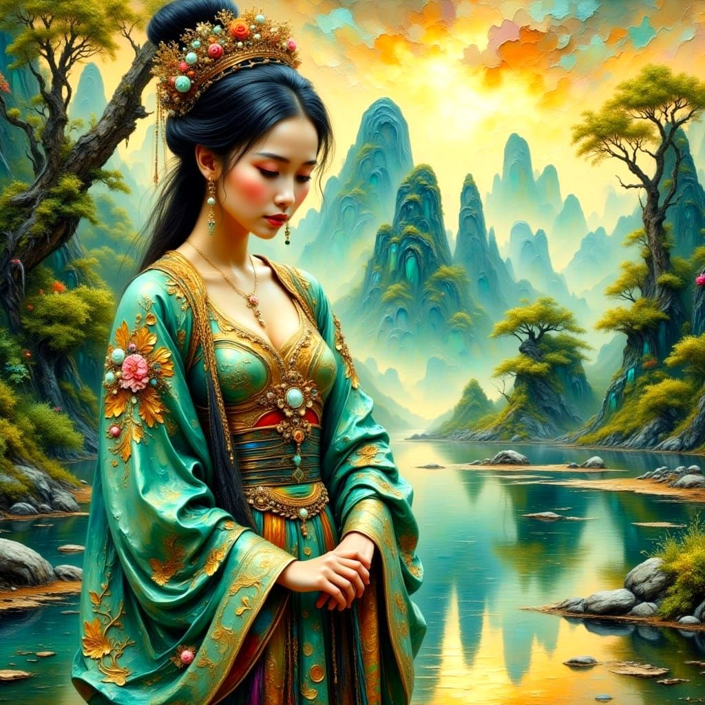 Li River in Guilin: Hyperrealistic Impasto Oil Painting