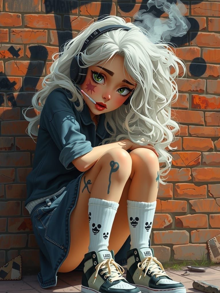 Gothic Girl Puffs on a Cigarette in a Moody Cityscape