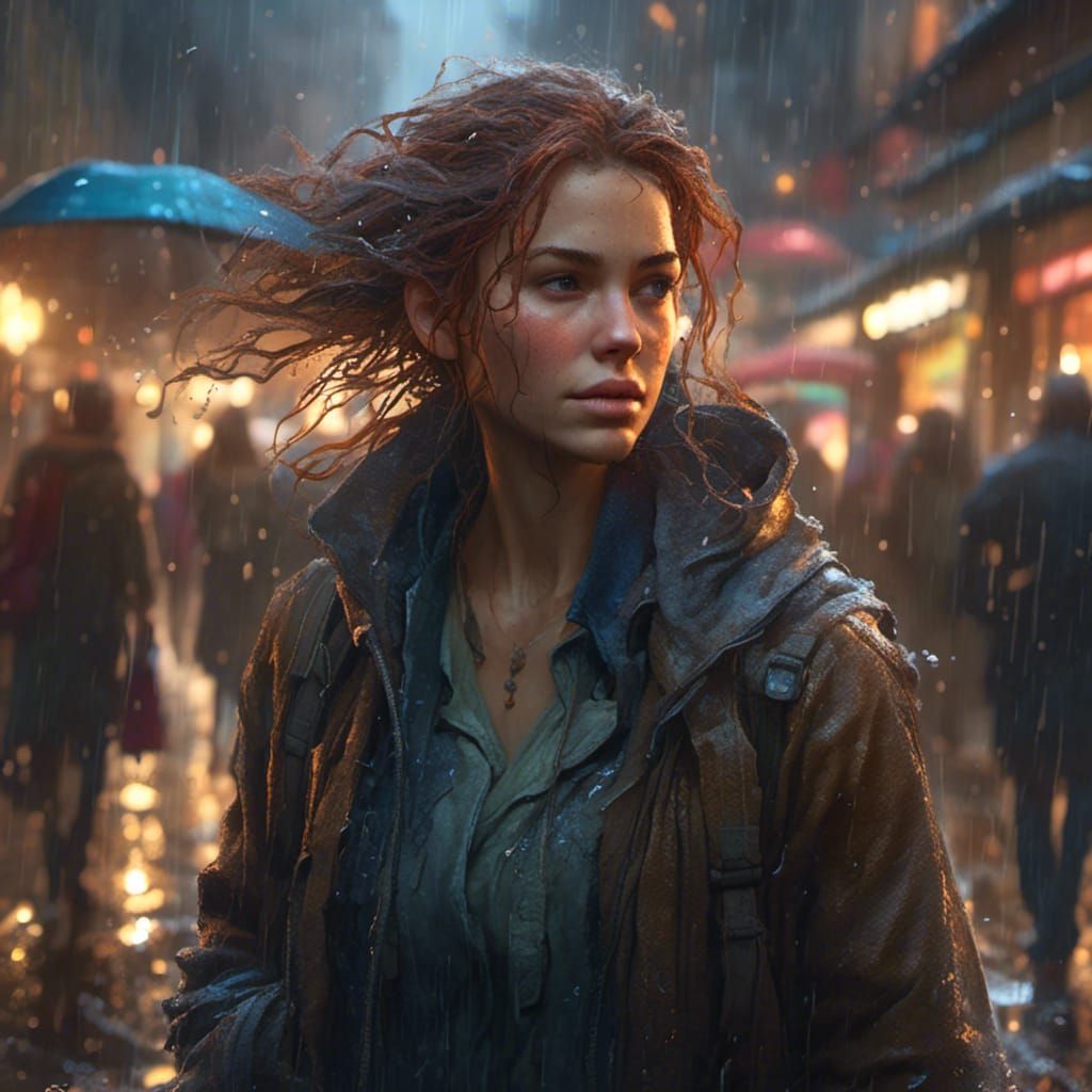 Hyperreal Portrait of Girl in Rain on Cold Street