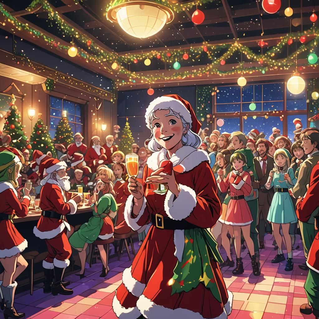 Santa Claus at Club: Vibrant Anime Christmas Eve