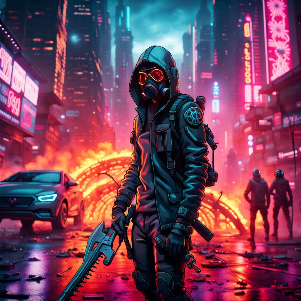 Cyberpunk Soldier with Neon Scythe in Burning City