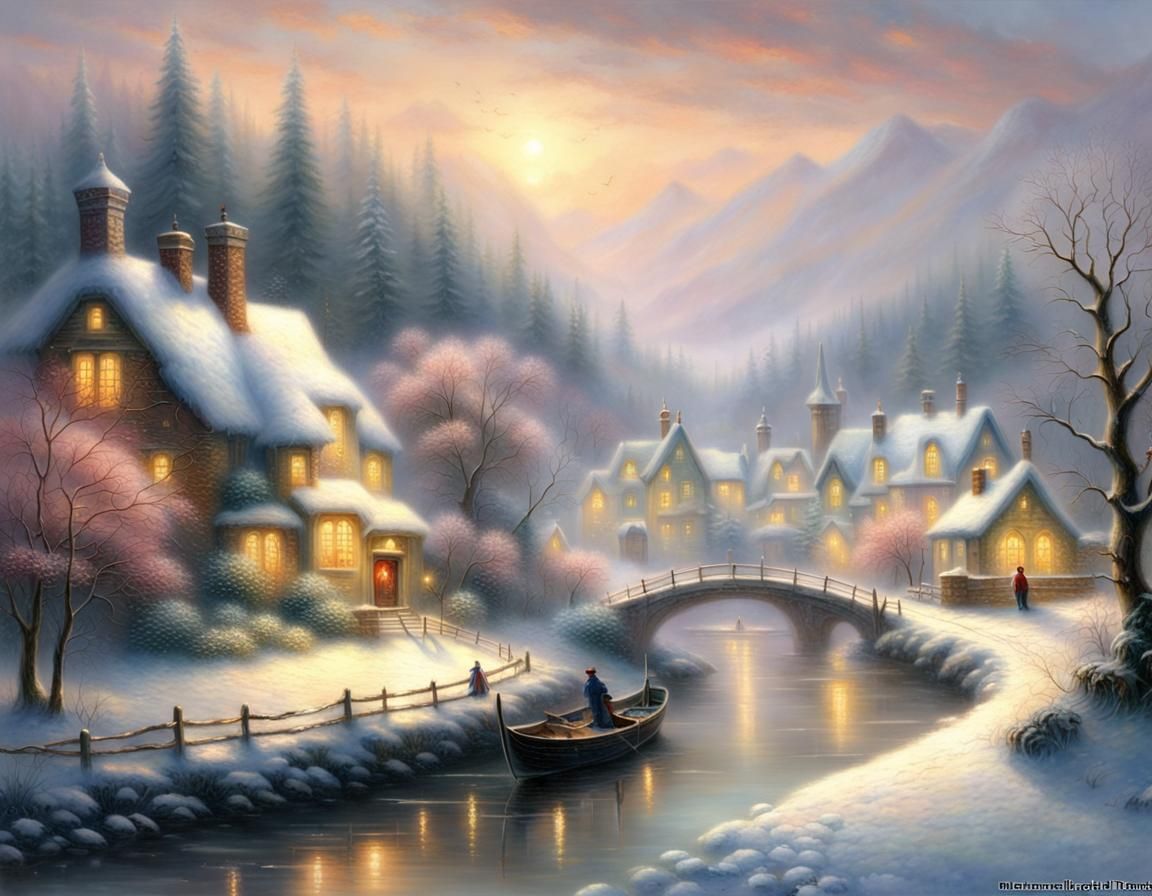 Winter Riverside Village Scene