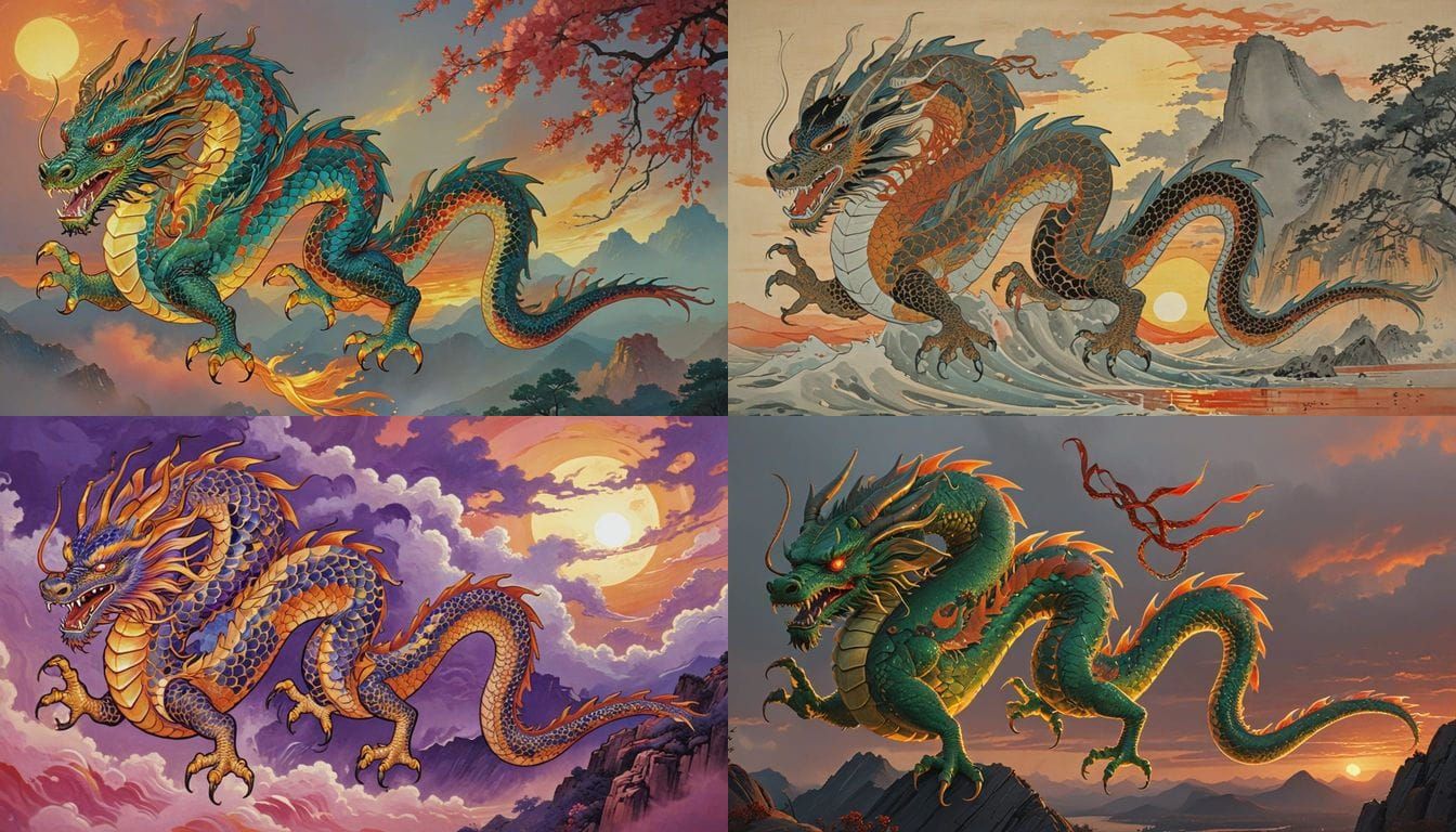 Dragon in Sunset Sky, Chinese Mythology, Golden Hues