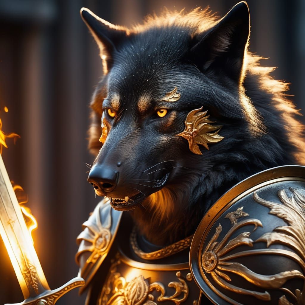 Epic Dark Fantasy Portrait of a Wolf in Golden Armor