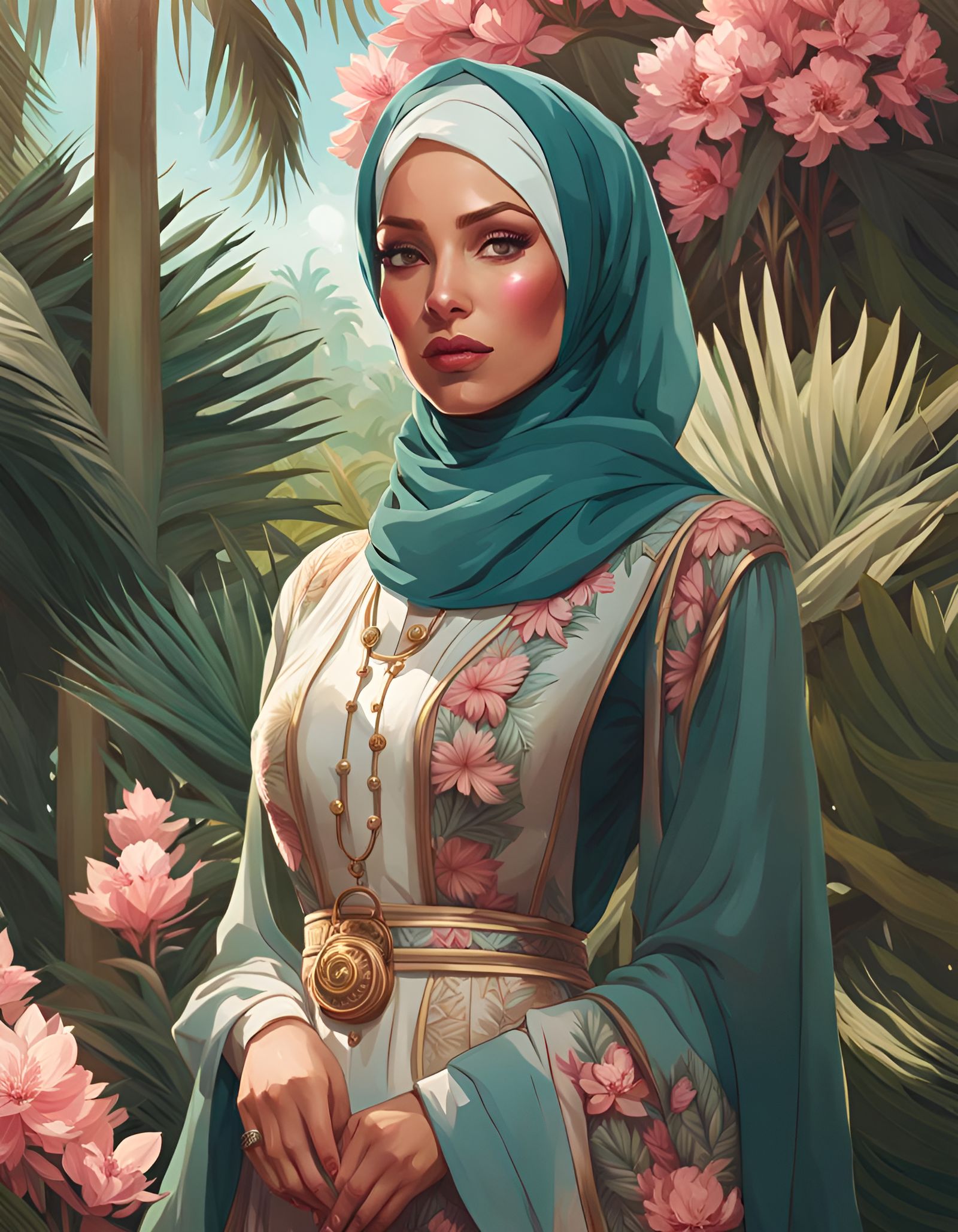 Hijabi Woman in Botanic Garden: Digital Art Portrait