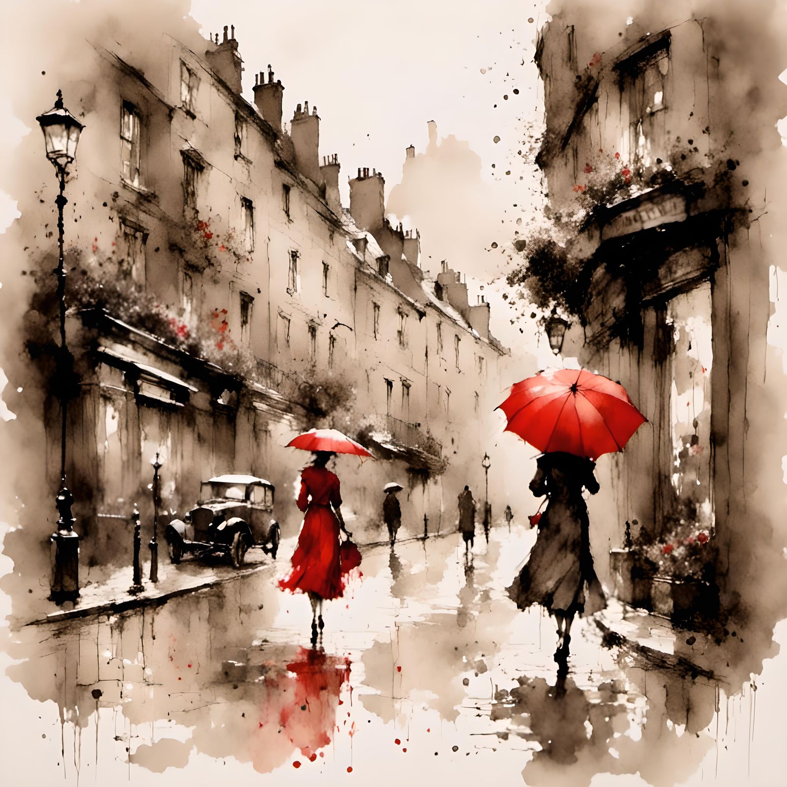 Rainy London Street Scene with Red Umbrella