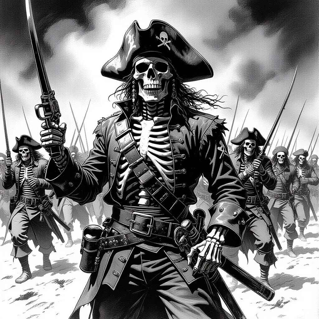 Skeleton Pirate Army in Pen and Ink Style