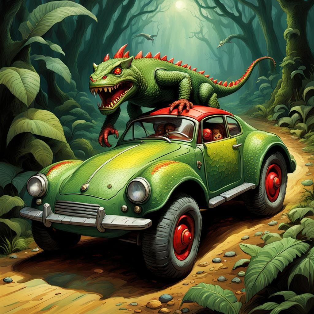 Green Scaled Toy Car on Jungle Road